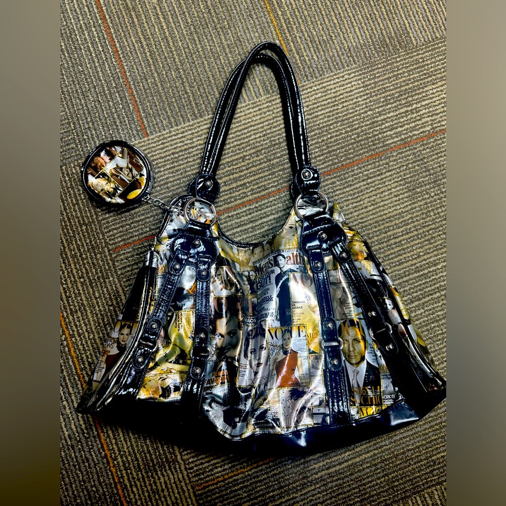 Glossy Magazine Cover Handbag with Detachable Zipper Pouch